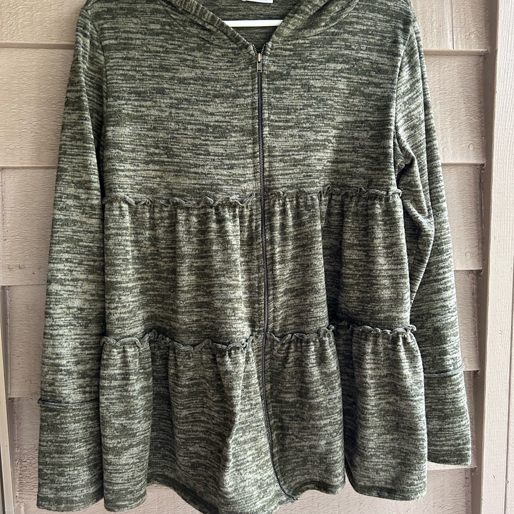 Egy California top hooded layered zip up front olive green tone